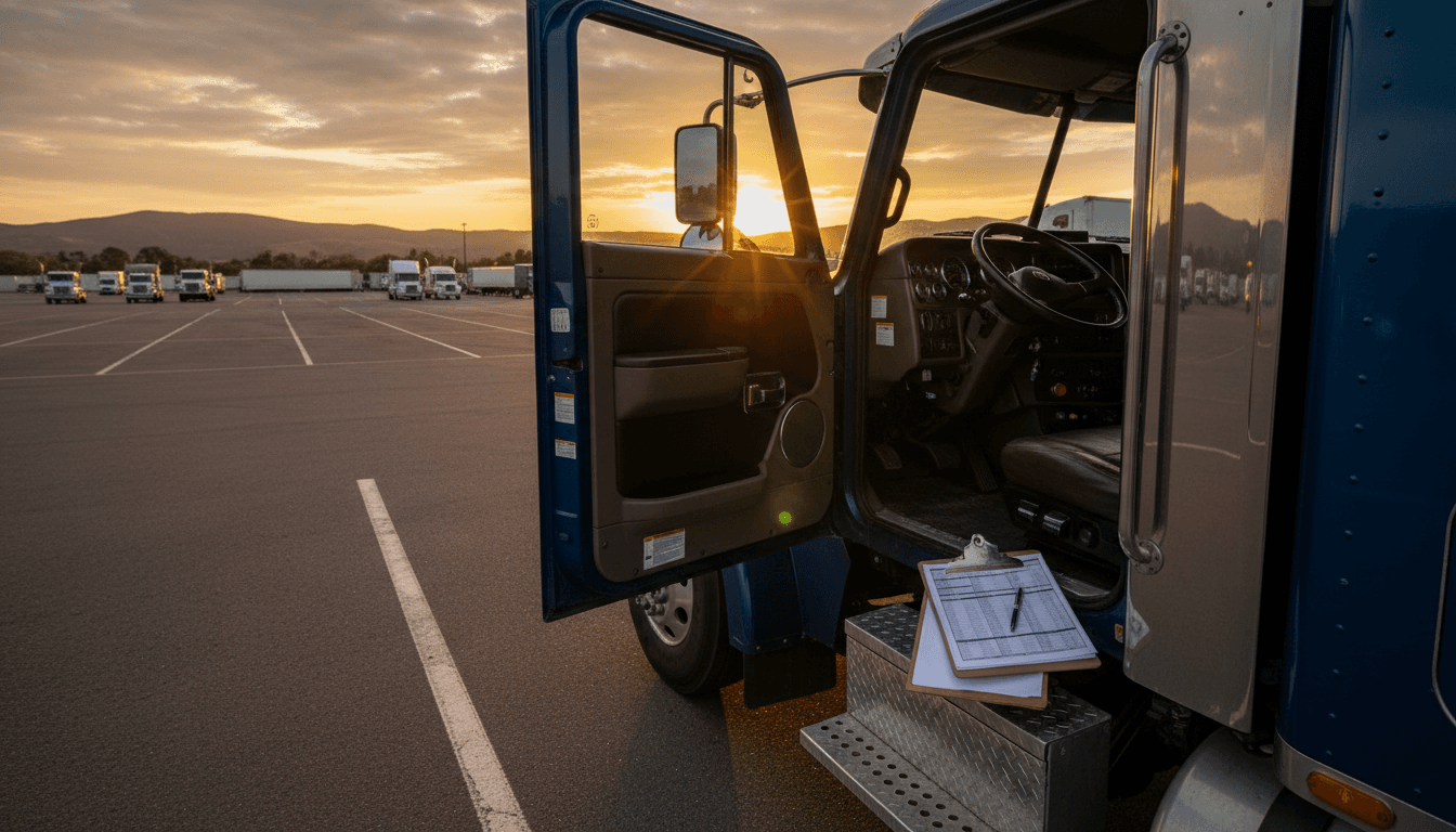 Semi-truck parked on lot at sunset with clipboard on seat