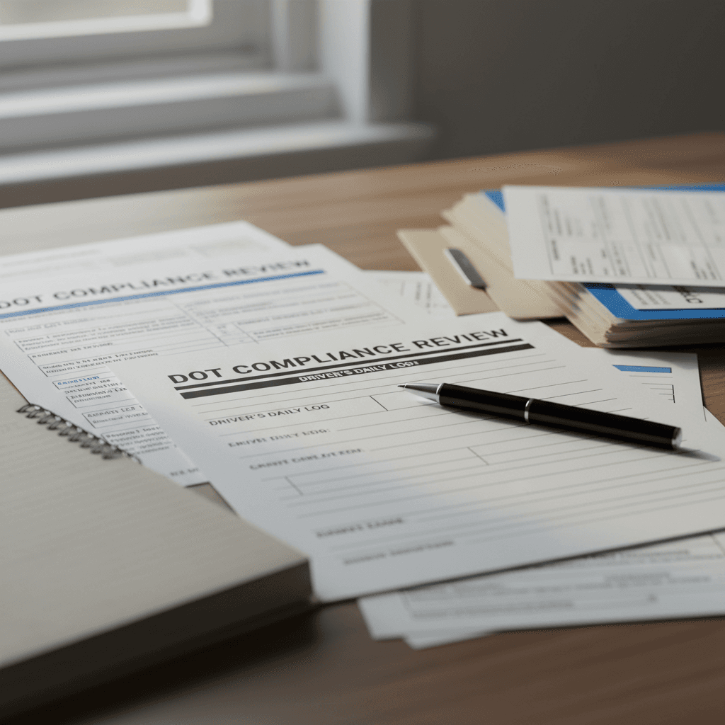 A pen resting on a DOT compliance form on a desk with natural light