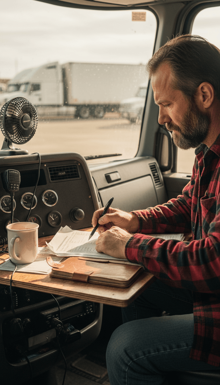 Truck driver reviewing compliance papers inside a truck cab