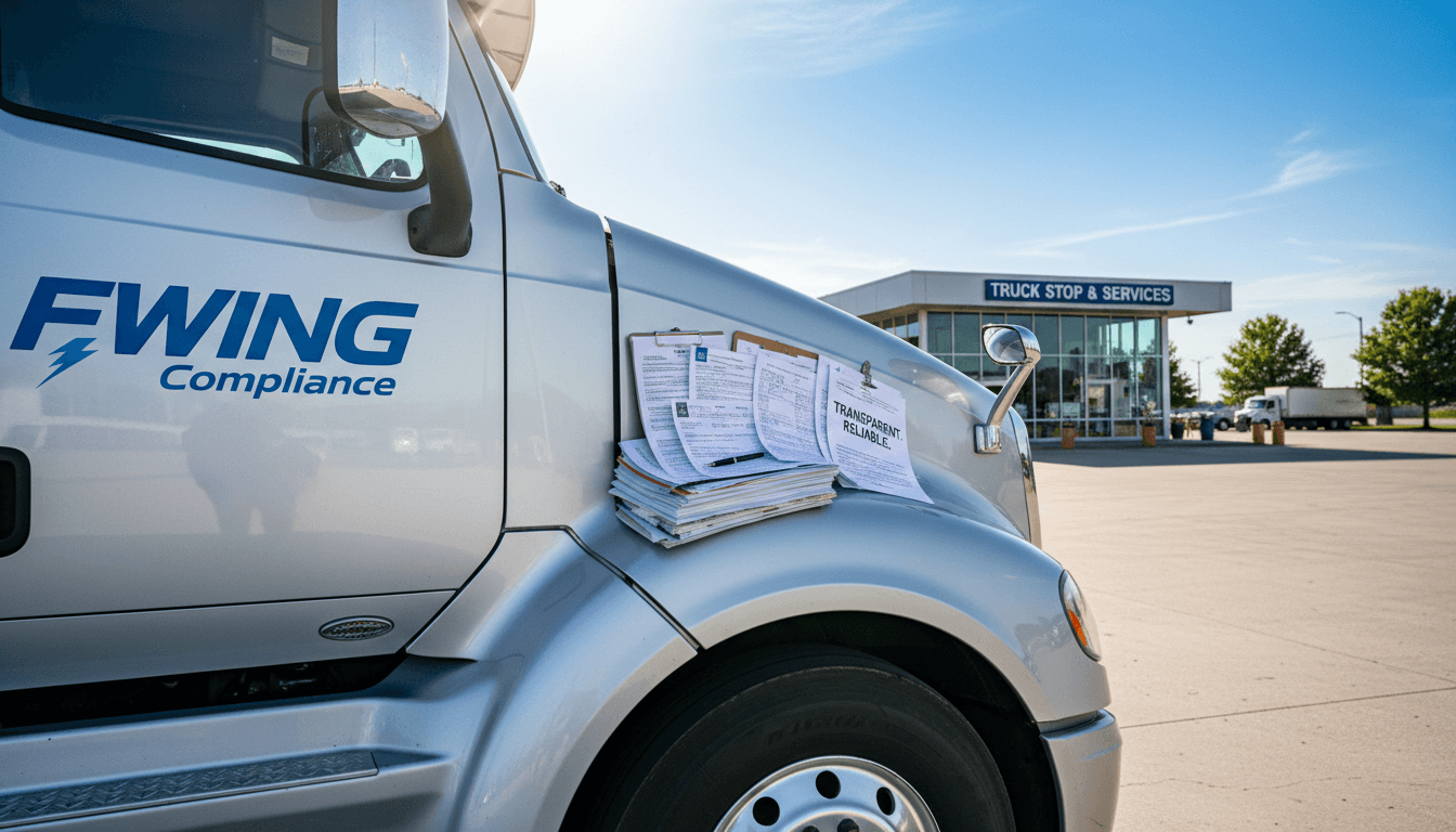 Semi-truck parked at a truck stop with paperwork on the hood