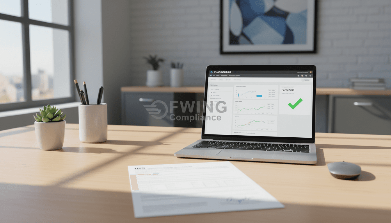Completed Form 2290 and laptop on a well-organized office desk, symbolizing compliance management.