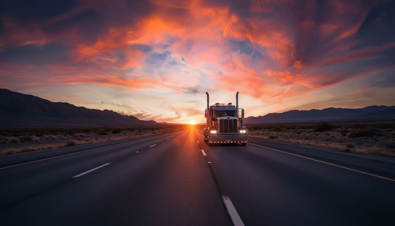 Semi truck on a highway at sunset