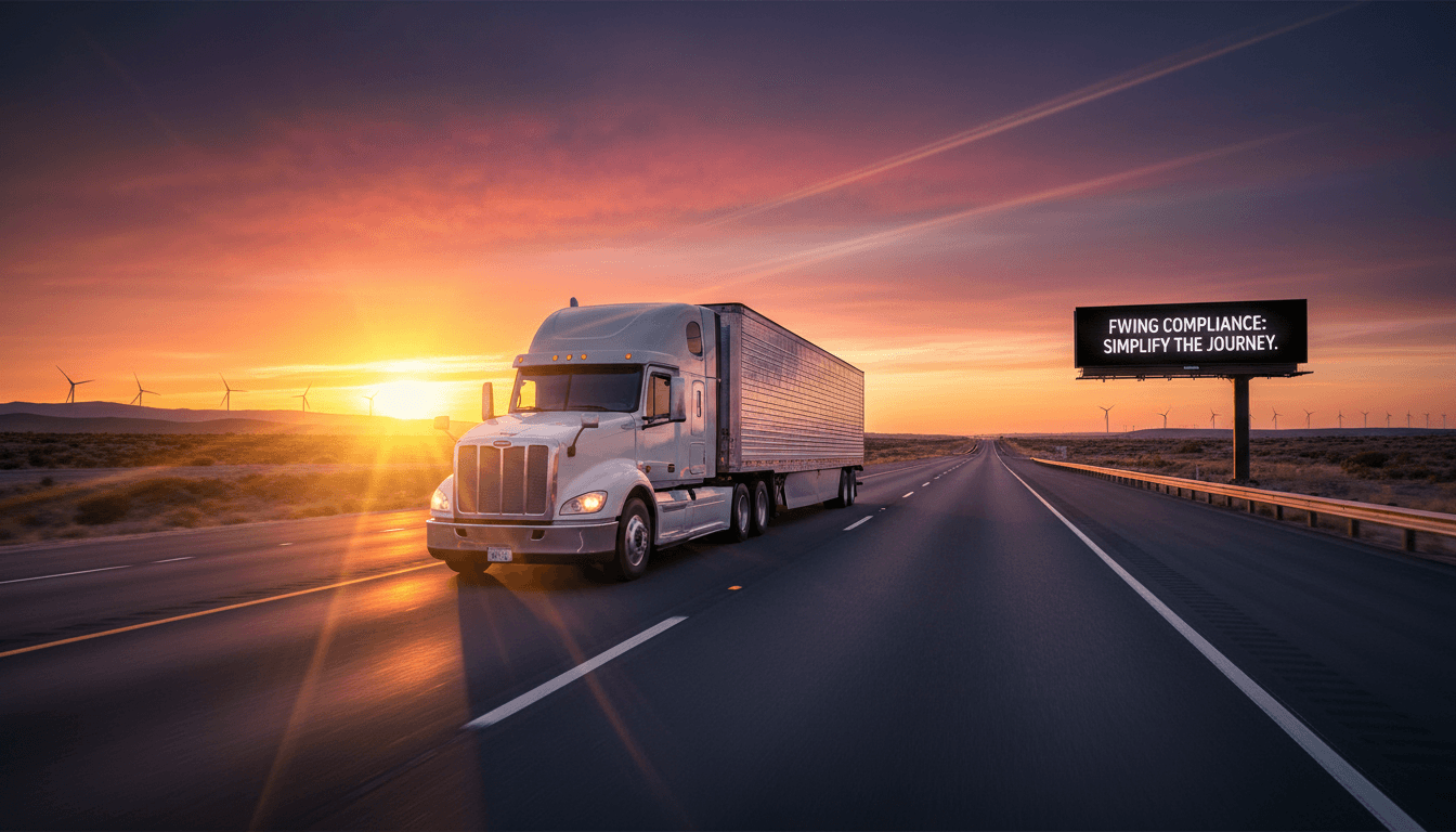 Semi-truck driving on an open highway at sunset