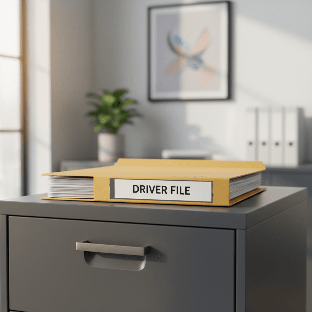 A manila folder labeled 'DRIVER FILE' on a filing cabinet in an office setting