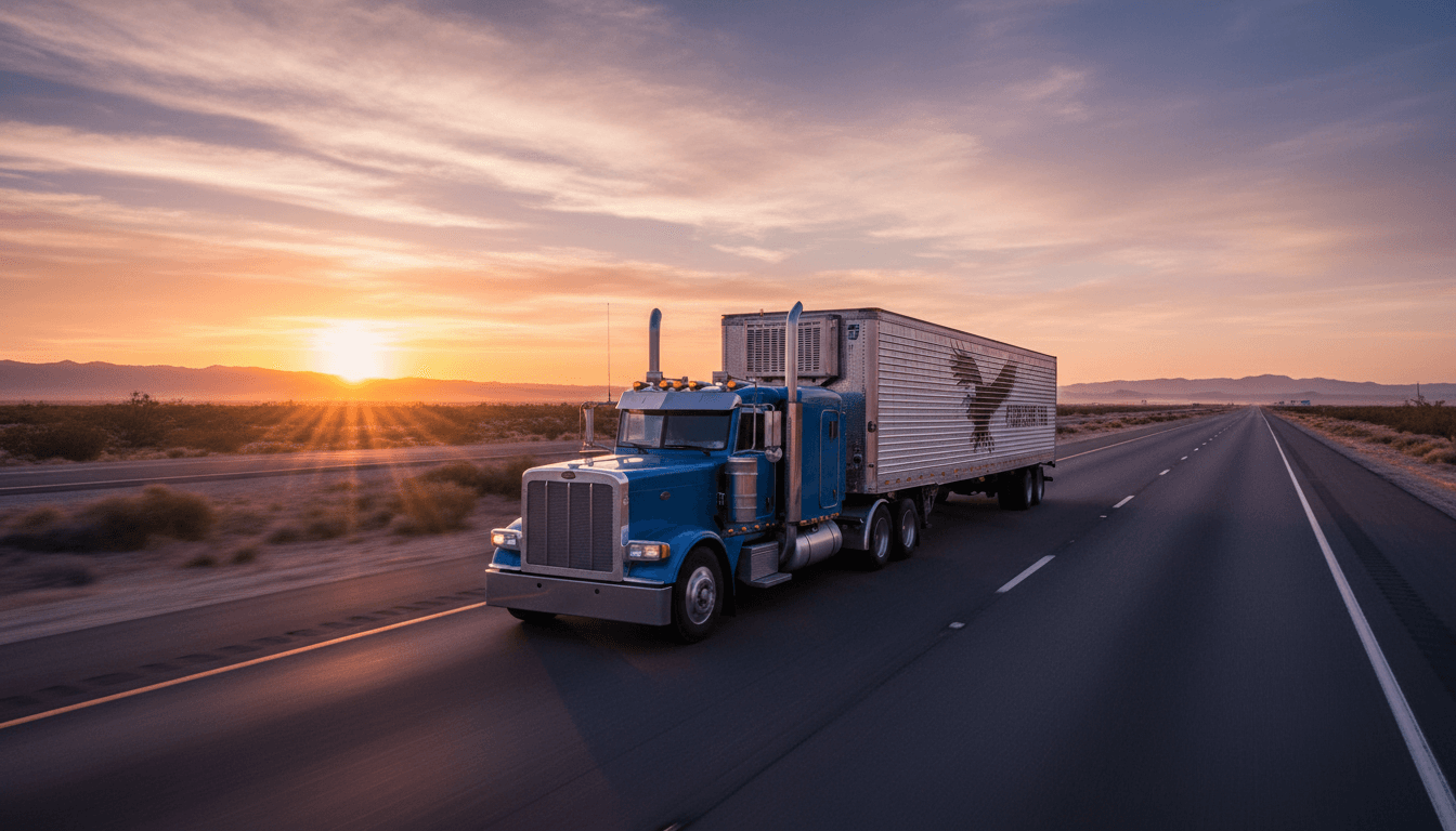 Truck driving on a highway at sunset