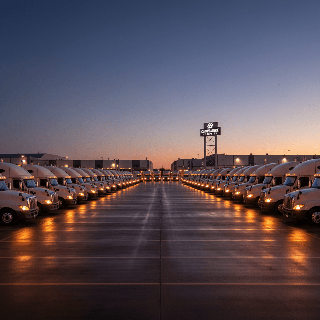 Trucking terminal at dusk with semi-trucks parked in rows, cab lights glowing