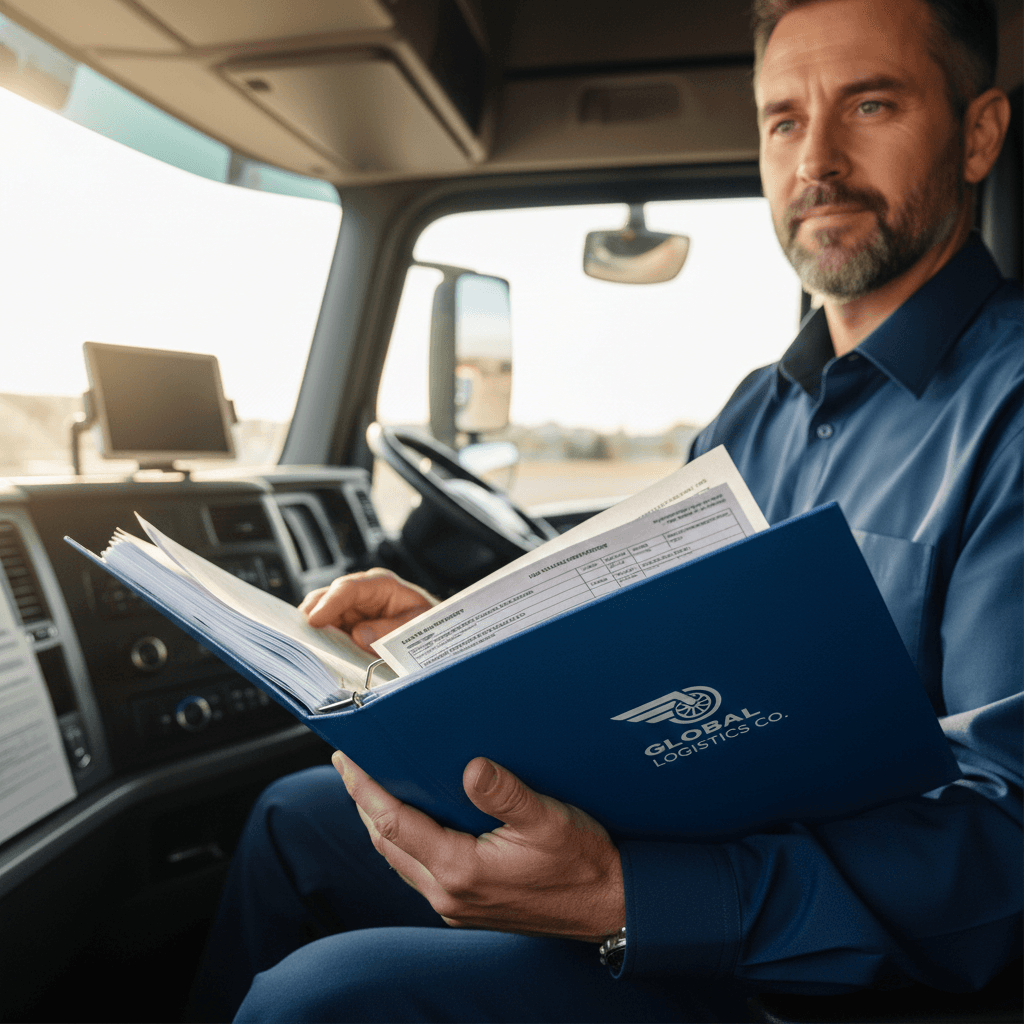 Truck driver reviewing compliance documentation and safety records inside commercial vehicle cab with natural light