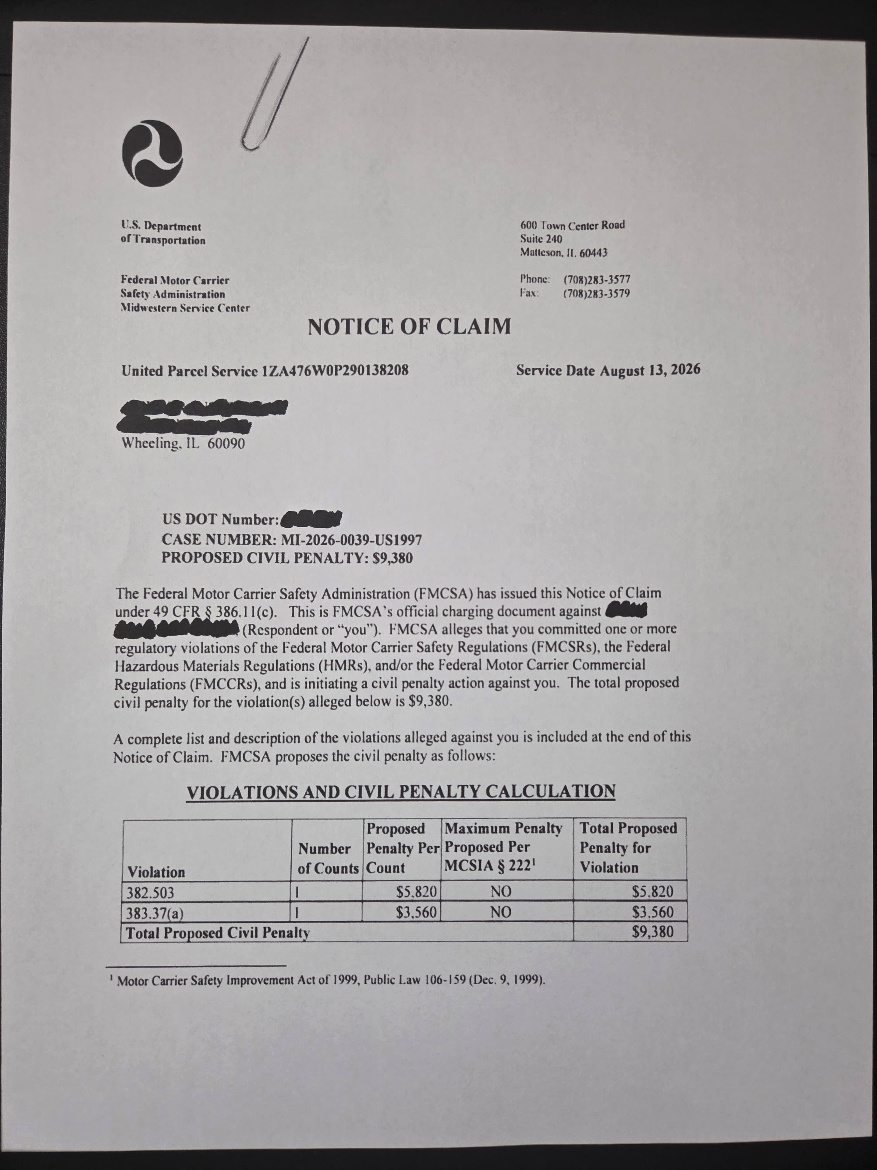 FMCSA Notice of Claim document proposing a $9,380 civil penalty for regulatory violations.